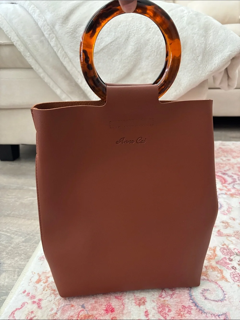 Anna Cai Chestnut Faux Leather Tote with Tortoiseshell Handles